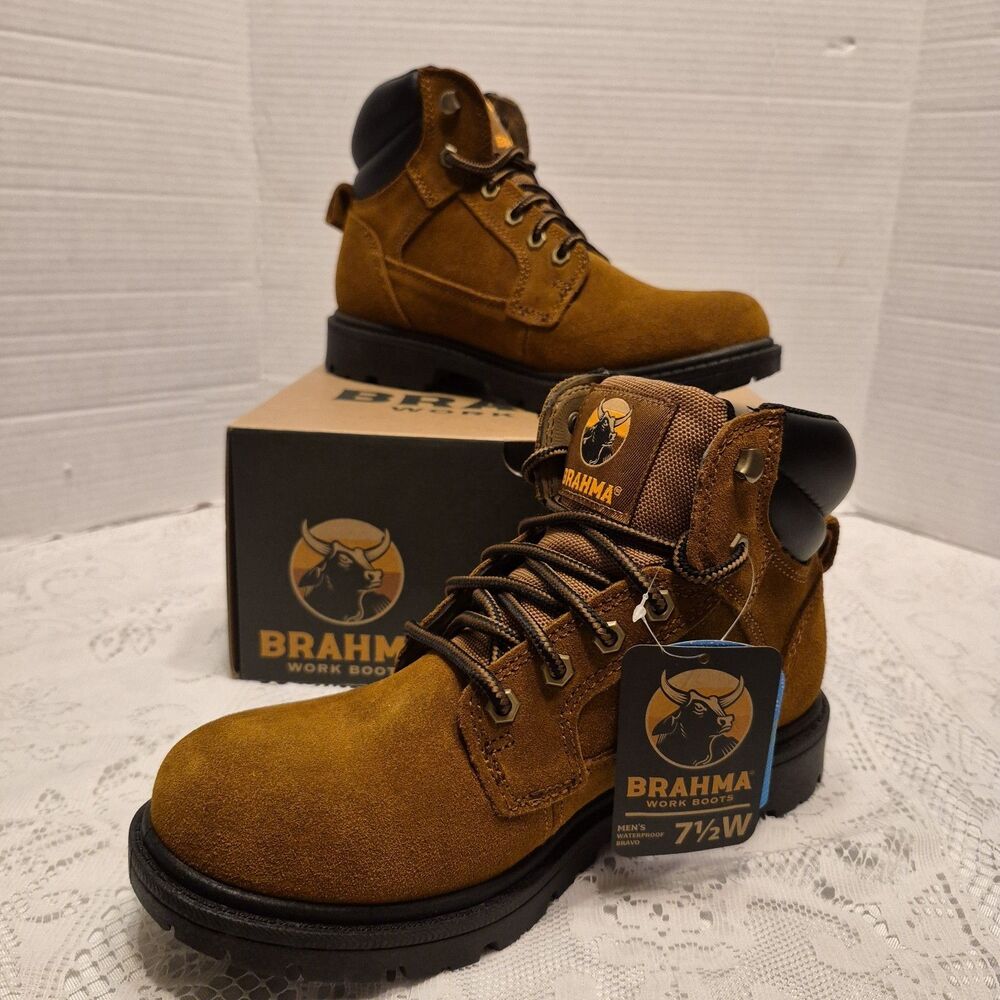 Brahma Mens 7.5 Wide Bravo Waterproof Work Boot Brown Suede Leather Soft Toe